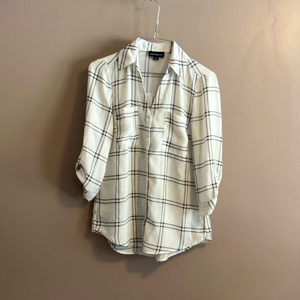 Women's White Plaid Button Down Shirt